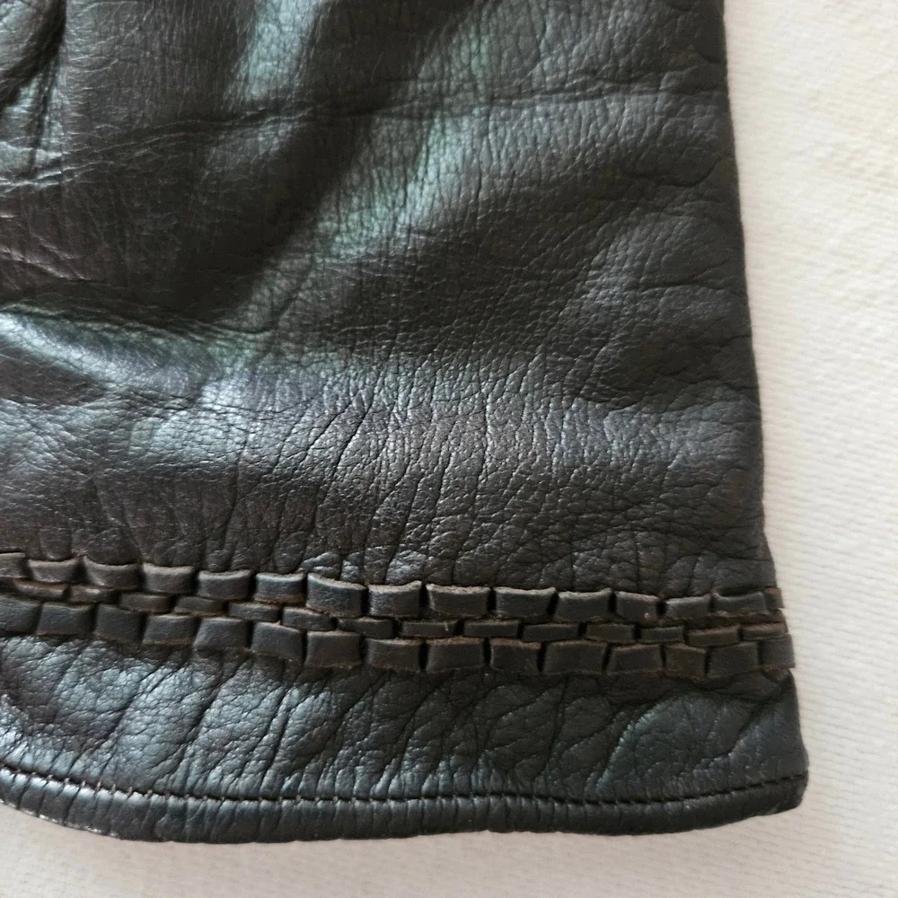 Vintage Dark Brown Leather Rabbit Fur Lined Gloves Woven Trim Size 7 Womens
